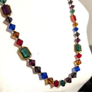 Multicolored Green Red Blue Faceted Gemstone Gold Tone Spacer Long Necklace